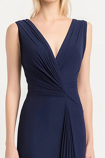 Navy Sheath V-Neck Chiffon Pleated Long Formal Dress
